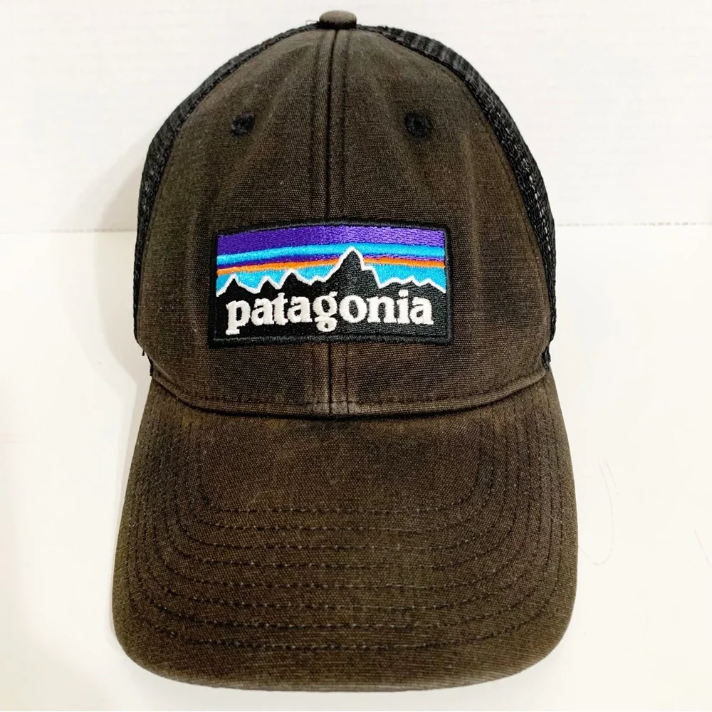 Patagonia Logo Faded Trucker Style Hat Cap Black Mesh Snapback Adjustable Back